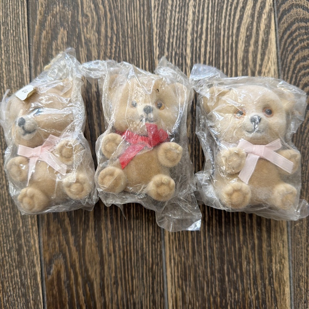 3 VTG Craft Fuzzy Bears With Bows Dead Stock 3.5"